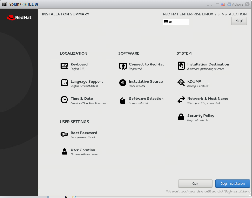 Normally I would select “Server without GUI”, however, I plan on accessing Splunk only on my RHEL Machine after I install it (remoting in from ESXi), so I am installing a GUI to have access to it.