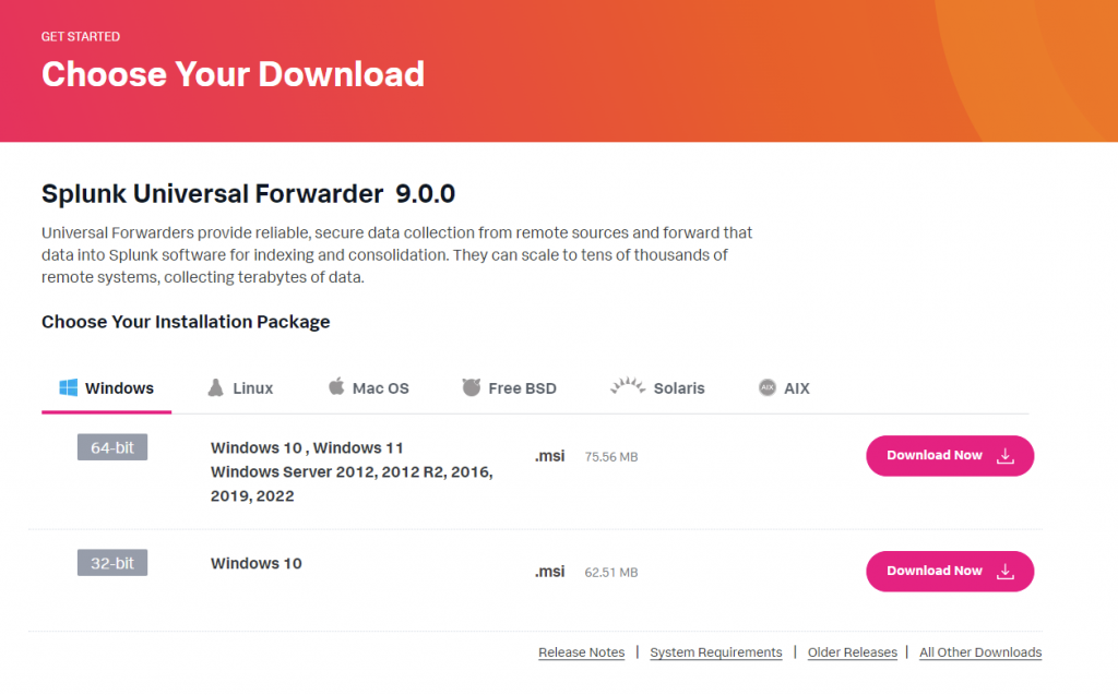 Splunk Universal Forwader Download Page