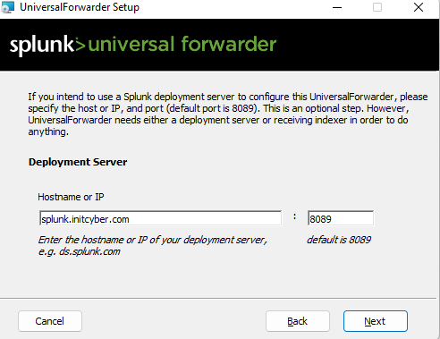 We are utilizing the deployment server setup here (port 8089). This allows us to manage the universal forwarder(s) from our Splunk Enterprise instance.