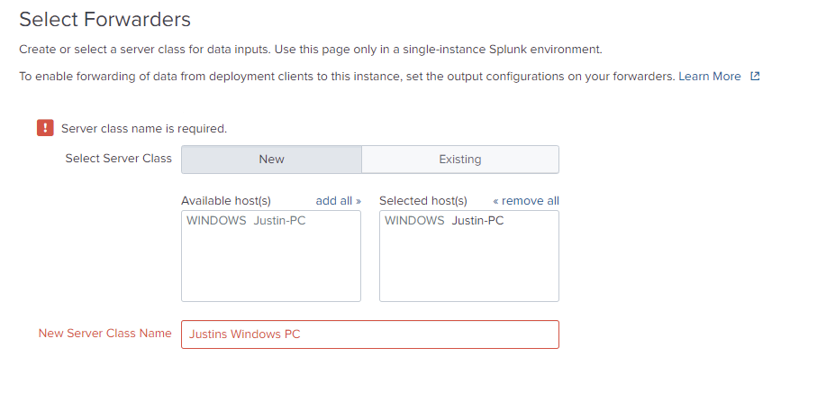 Select the host you want to add, then add the Class Name otherwise Splunk yells at you like it did to me. Then click “Next”