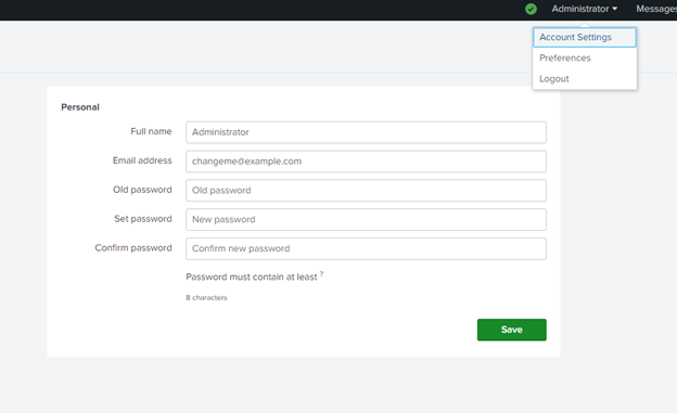 Splunk Account Settings Screen