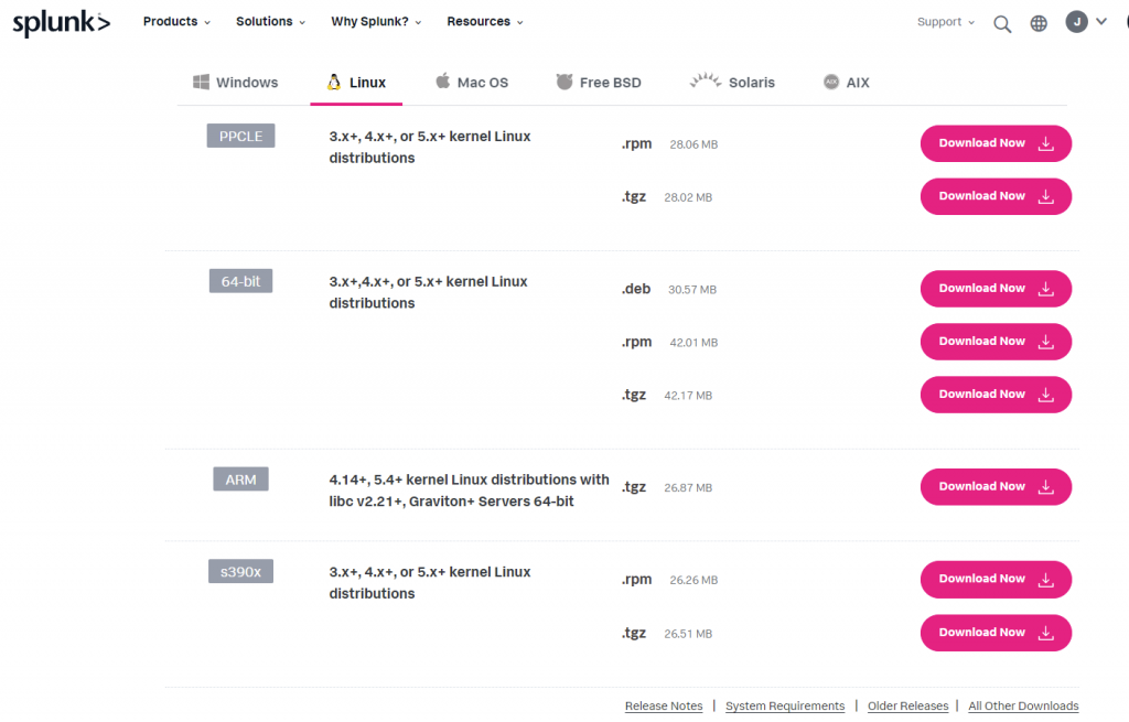 Splunk Download Screen