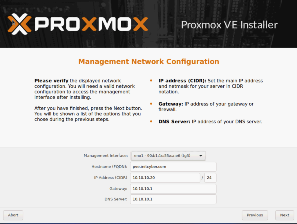 Set the IP Address of your PVE host and gateway/DNS settings