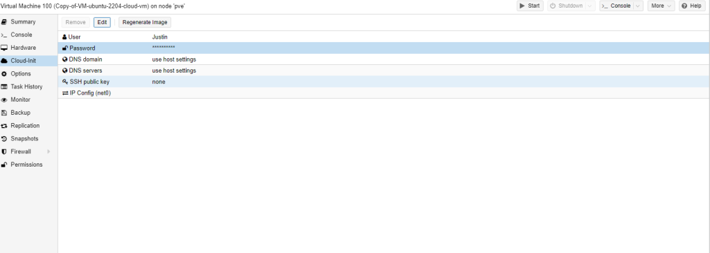 In the new VM, under cloud-init set your User and Password, and DNS settings/SSH keys if needed