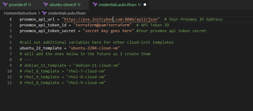 We call out some variables that Terraform will use in provider.tf and ubuntu-clone.tf