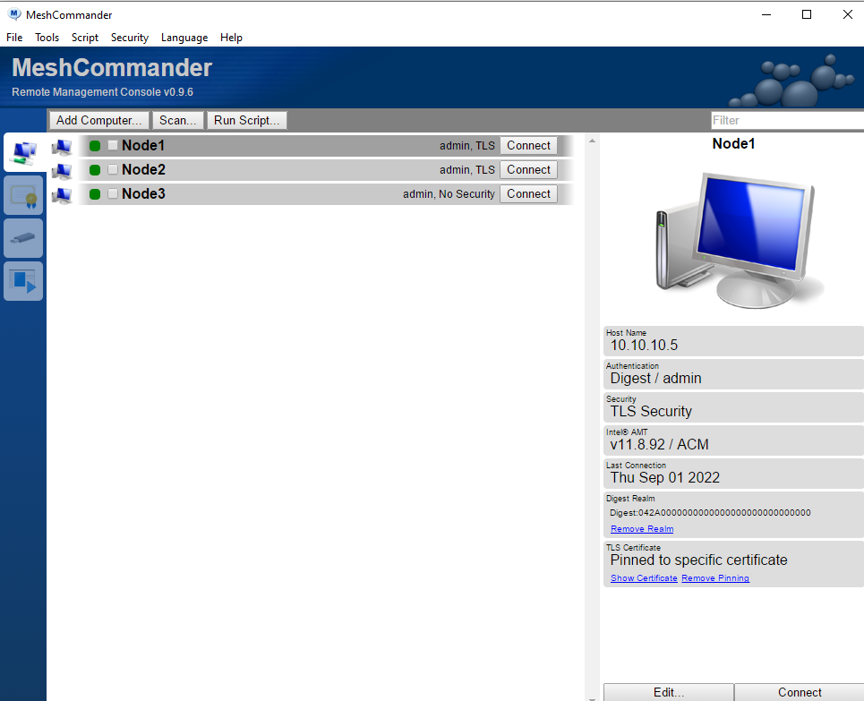 Mesh Commander’s Interface, which allows remote management of devices running equipped with Intel AMT