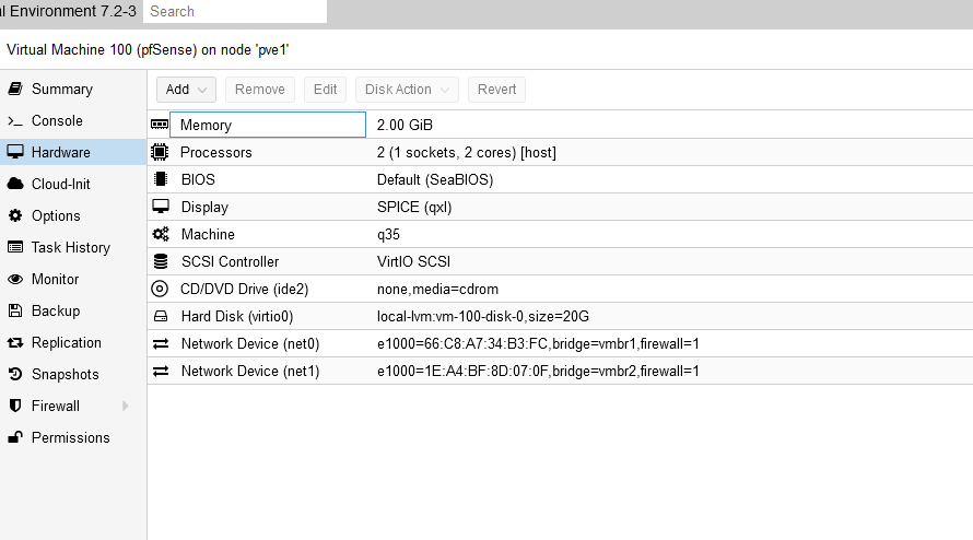 Settings for pfSense Virtual Machine in Proxmox