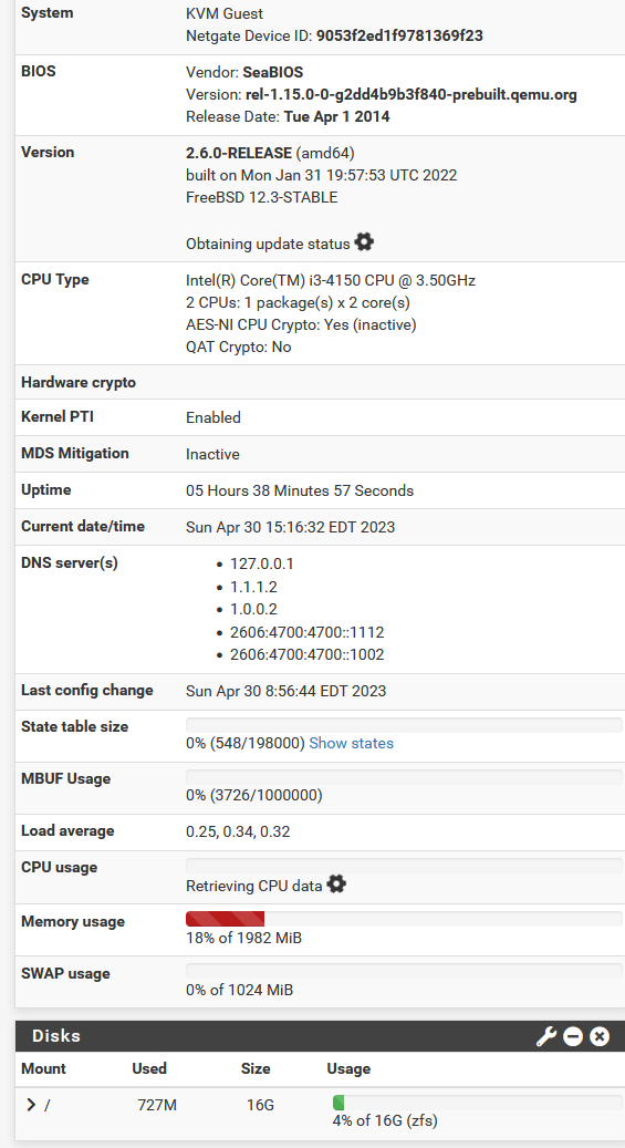 pfSense Running - Dashboard - Purring along