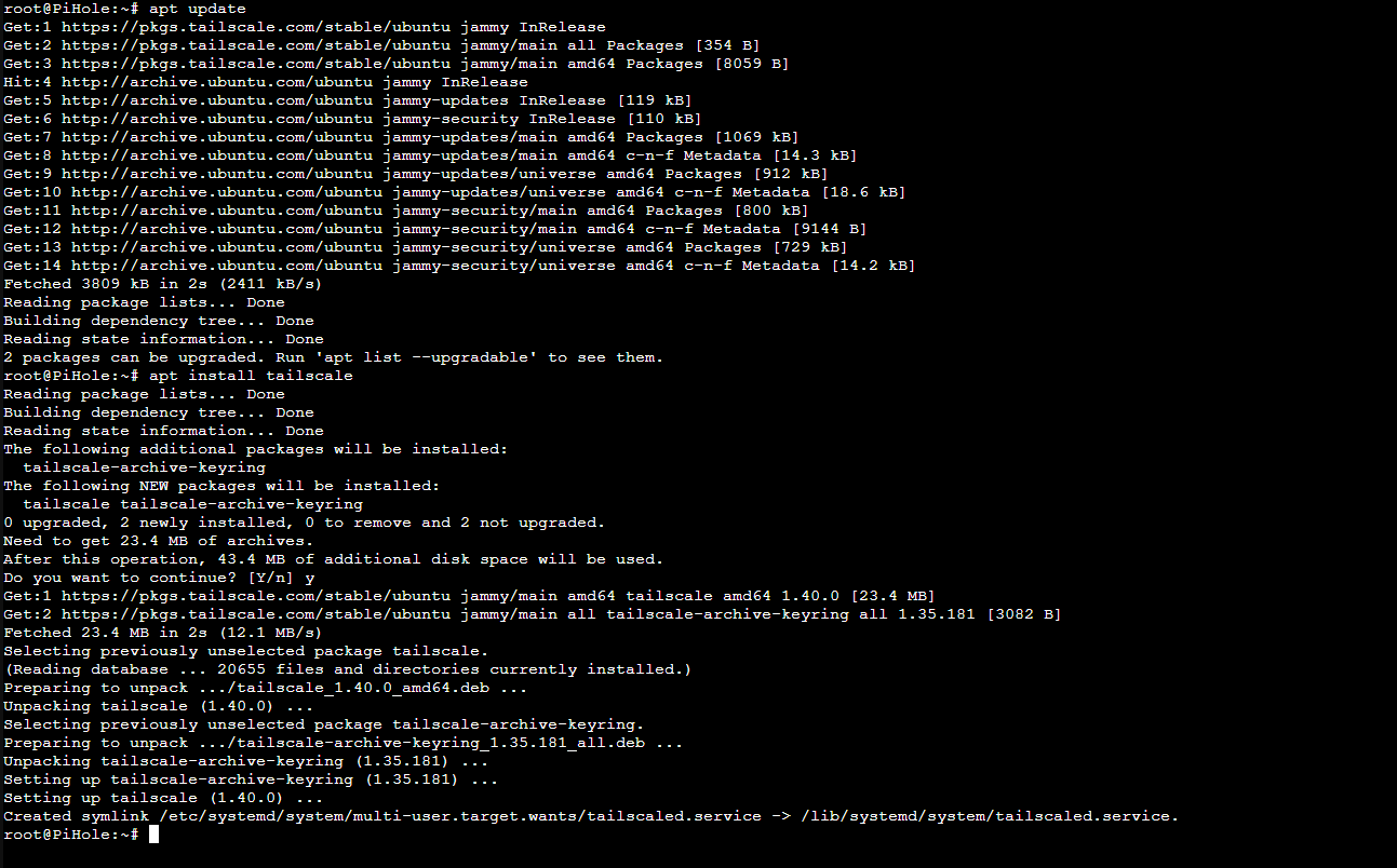 Installing Tailscale using APT Package Manager (Note: No "sudo" here, I'm already root (I AM ROOT!)