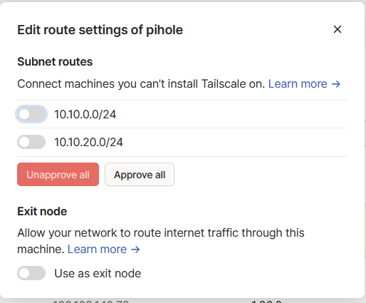 Accepting Subnet Routes and Exit Note