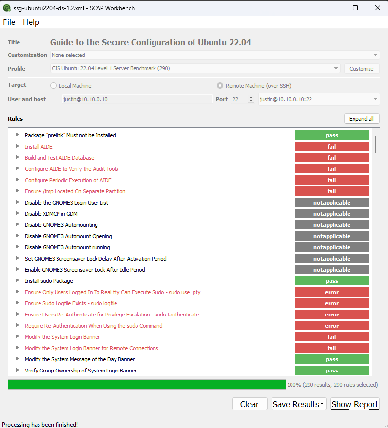 Ubuntu 22 CIS Benchmarks loaded in a Windows OpenSCAP Workbench