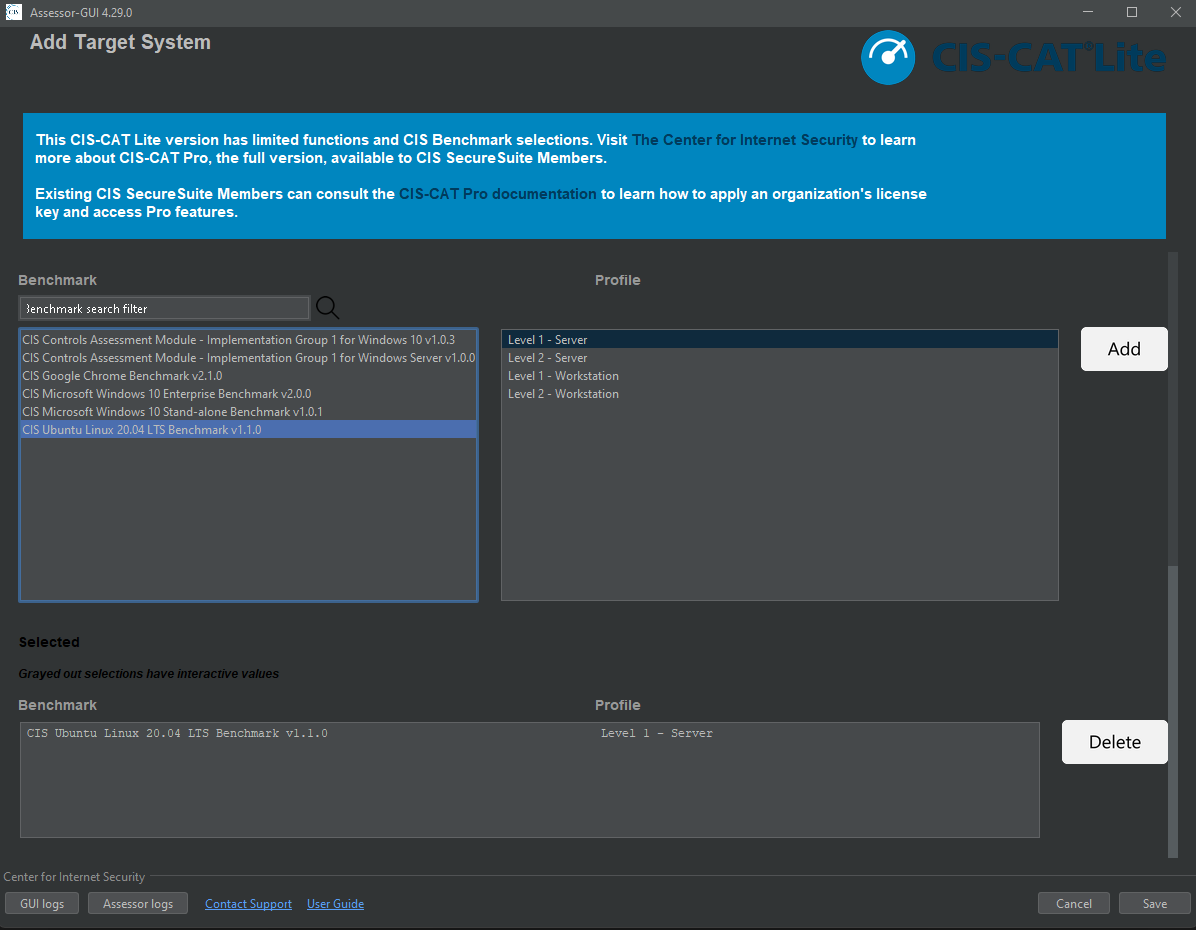 Selecting Benchmark and Saving