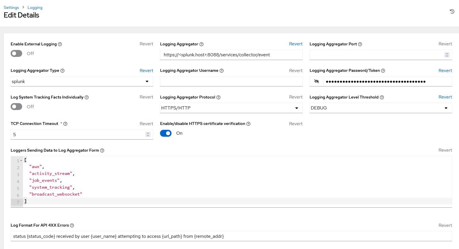 AWX - Setting up the External Logging (Before turning on switch)