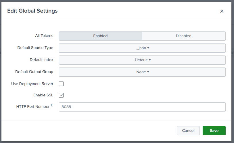 Splunk HTTP Event Collector Settings