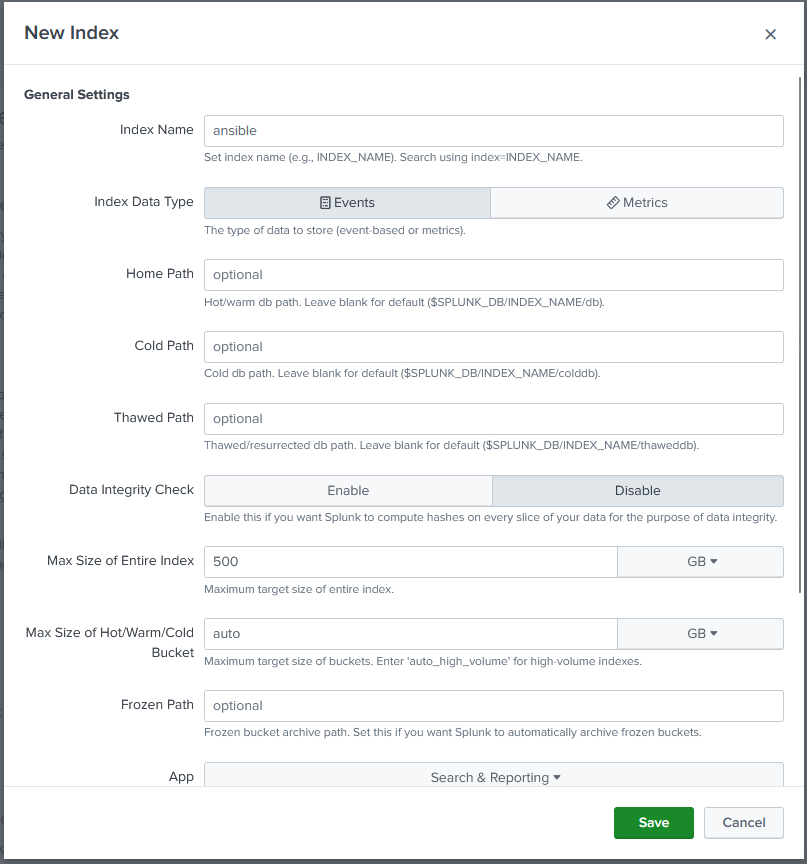 Splunk - New Ansible Index 