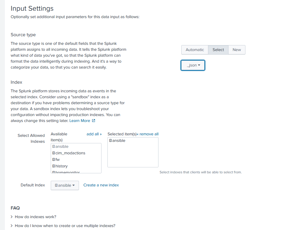 Splunk - New Ansible Index 